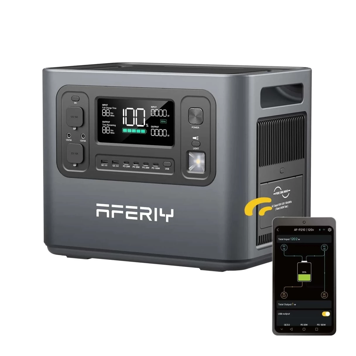 [EU Direct] Aferiy P210 2400W 2048Wh Portable Power Station Support APP +1* S200A1 200W Solar Panel, LiFePO4 Battery Deep Cycles UPS Pure Sine Wave Camping RV Home Emergency Portable Solar Generator Backup Power