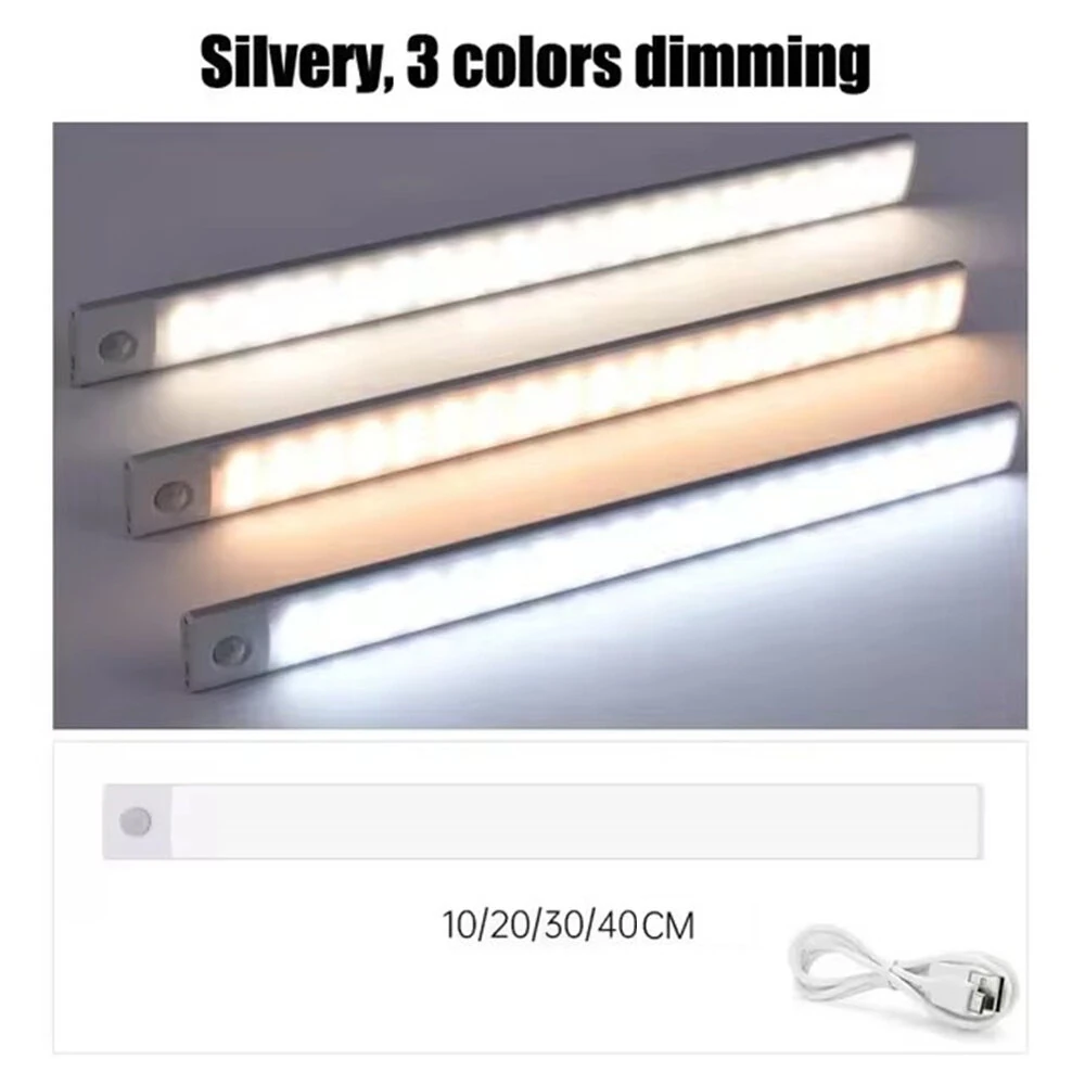Motion Sensor Light Rechargeable Night Light Super Thin Tri-Color 10/20/30/40cm Magnetic Adhesive Installation for Cabinets Wardrobes Warm Daylight
