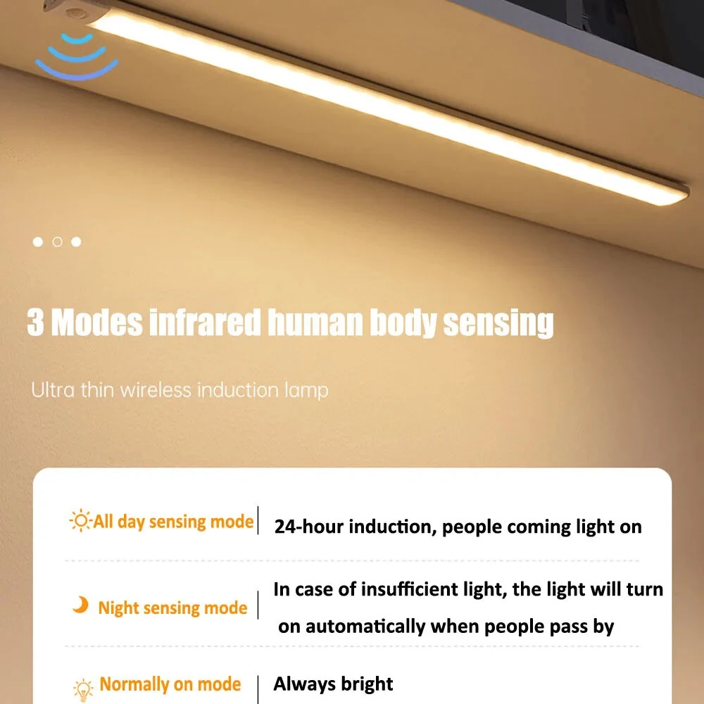 Motion Sensor Light Rechargeable Night Light Super Thin Tri-Color 10/20/30/40cm Magnetic Adhesive Installation for Cabinets Wardrobes Warm Daylight