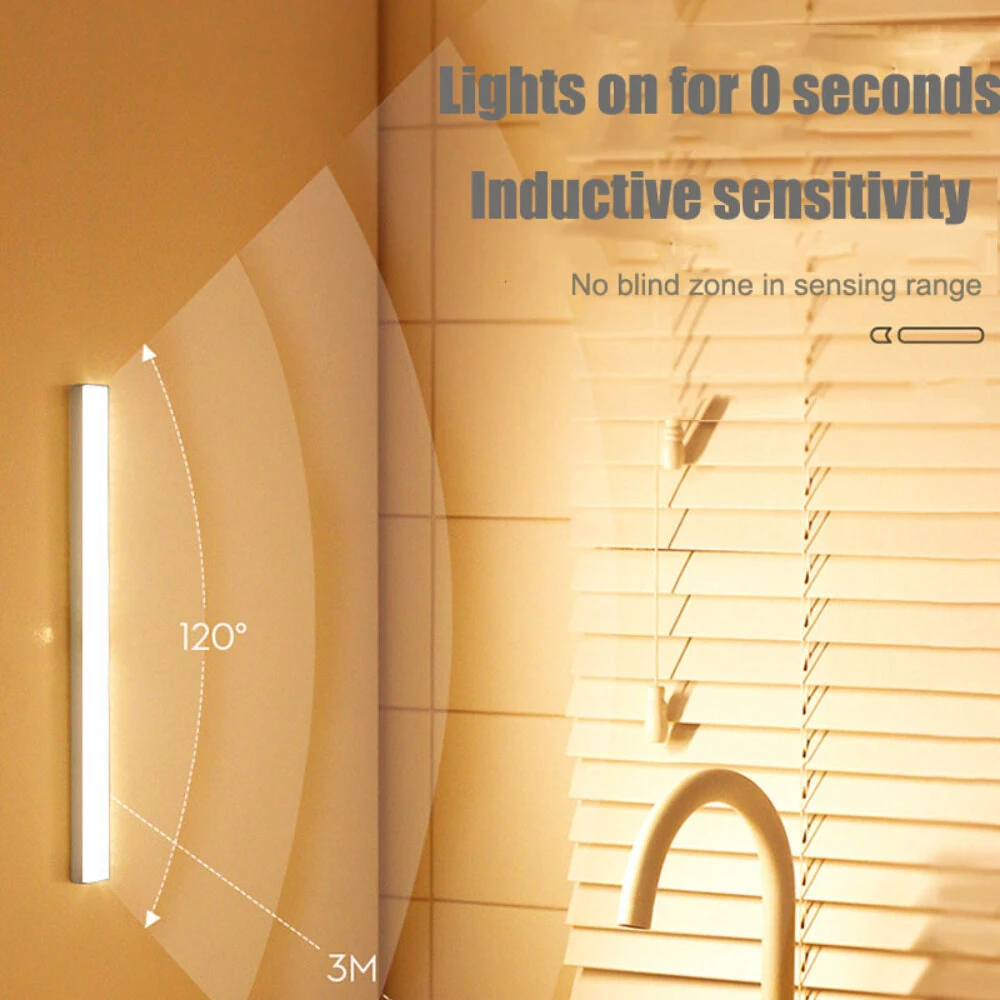 Motion Sensor Light Rechargeable Night Light Super Thin Tri-Color 10/20/30/40cm Magnetic Adhesive Installation for Cabinets Wardrobes Warm Daylight