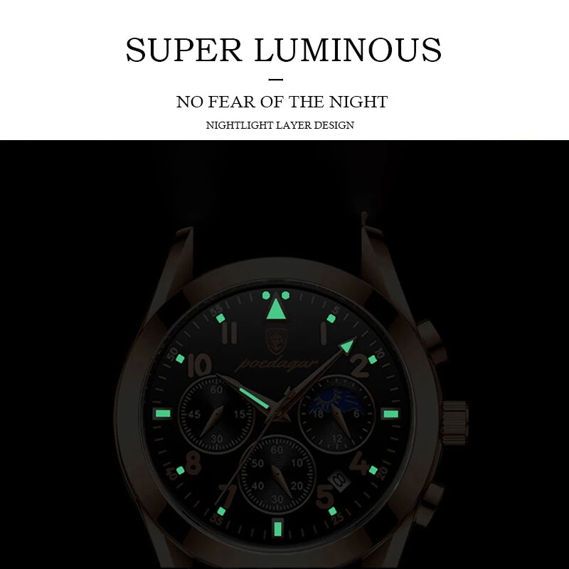 POEDAGAR Men Watches Waterproof Luminous Calendar Quartz Watch Stainless Steel Leather Watch Fashion Luxury Business Wristwatch