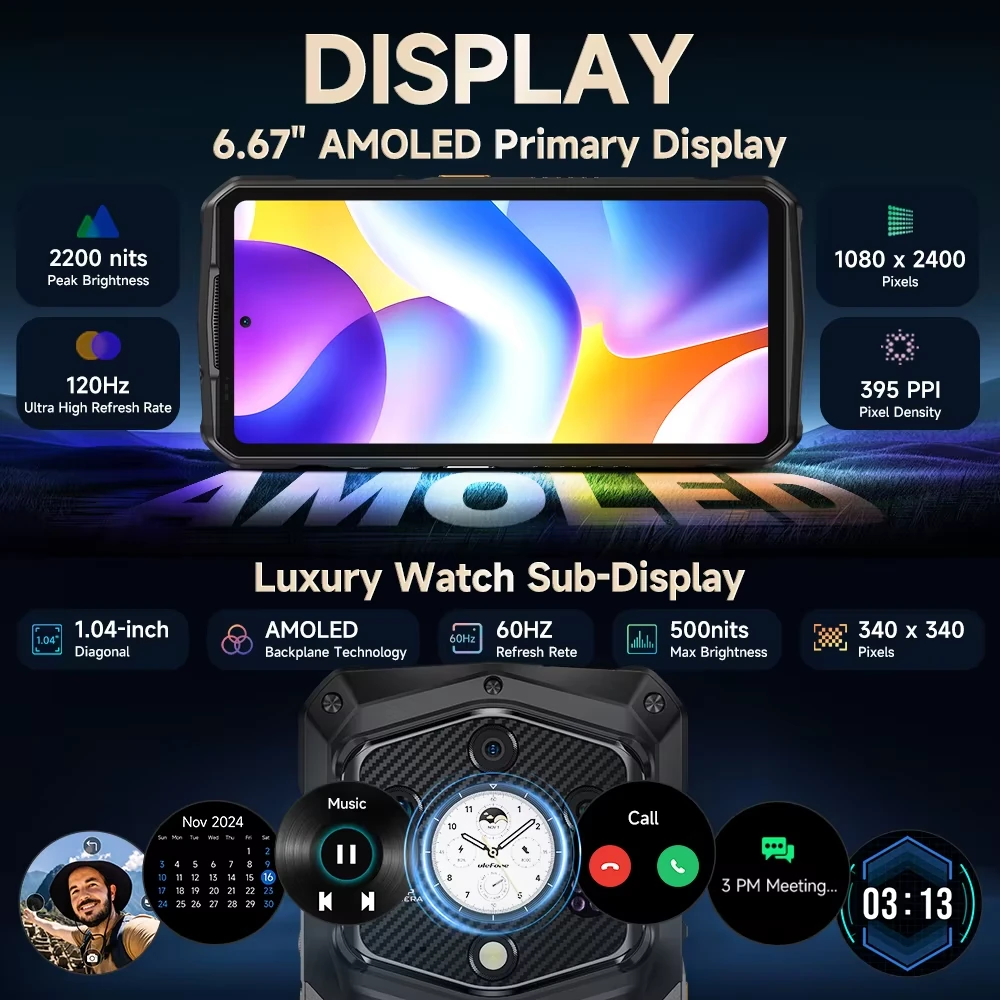 Ulefone Armor 29 Ultra 5G AI AMOLED Dual Display 32GB 1TB 21200mAh Versatile LED Light Warning Light 50MP Camera 64MP Night Vision Dimensity 9300+ 6.67 inch 120Hz 120W Fast Charge Android 15 WiFi 7 NFC IP68 IP69K Waterproof Rugged Smartphone