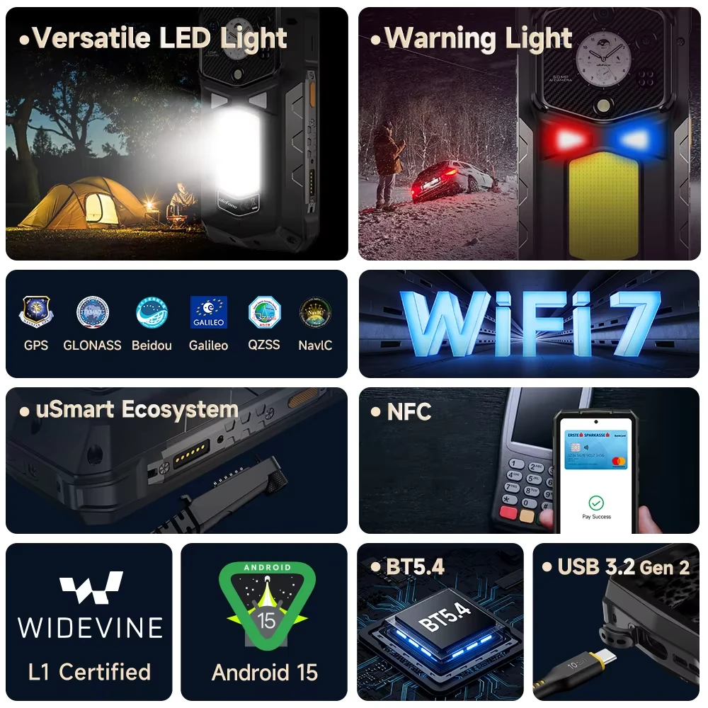 Ulefone Armor 29 Ultra 5G AI AMOLED Dual Display 32GB 1TB 21200mAh Versatile LED Light Warning Light 50MP Camera 64MP Night Vision Dimensity 9300+ 6.67 inch 120Hz 120W Fast Charge Android 15 WiFi 7 NFC IP68 IP69K Waterproof Rugged Smartphone