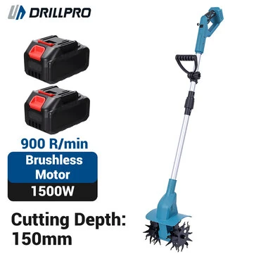 Drillpro Electric Cultivator 21V 1500W Brushless Motor 150mm Blade Diameter 150mm Cutting Depth 200mm Width 2 Batteries Handheld Garden Tool Soil Tilling Machine