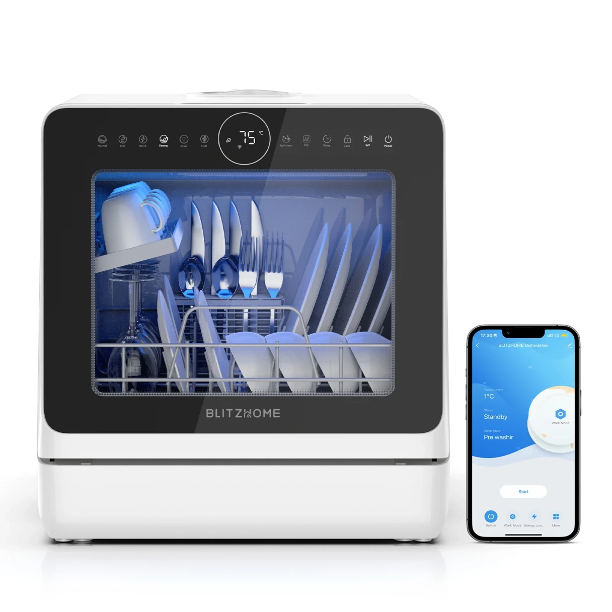 BlitzHome® BH-4-CDW Compact Smart Countertop Dishwasher With 5L Built-in Water Tank APP Control 8 Programs 3D 360° Dual Spray Hot Air Drying Child Lock Self-Clean Water-Saving