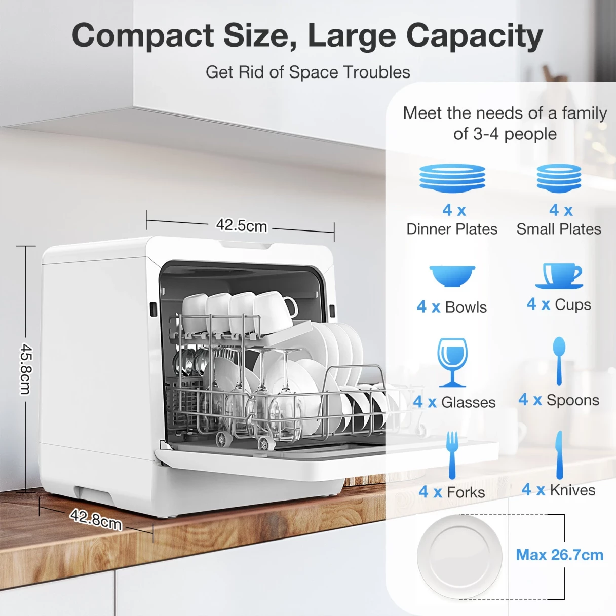 BlitzHome® BH-4-CDW Compact Smart Countertop Dishwasher With 5L Built-in Water Tank APP Control 8 Programs 3D 360° Dual Spray Hot Air Drying Child Lock Self-Clean Water-Saving