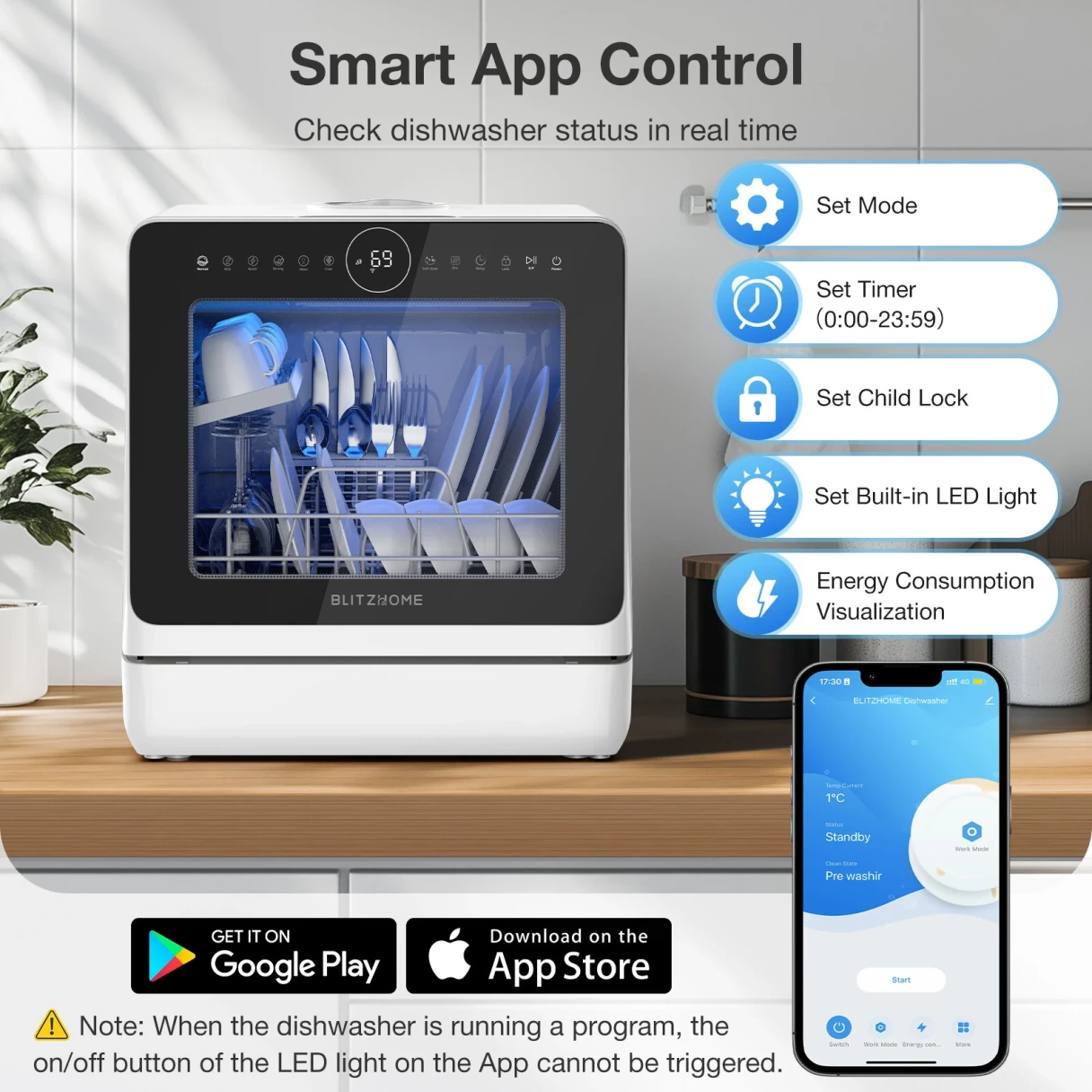 BlitzHome® BH-4-CDW Compact Smart Countertop Dishwasher With 5L Built-in Water Tank APP Control 8 Programs 3D 360° Dual Spray Hot Air Drying Child Lock Self-Clean Water-Saving