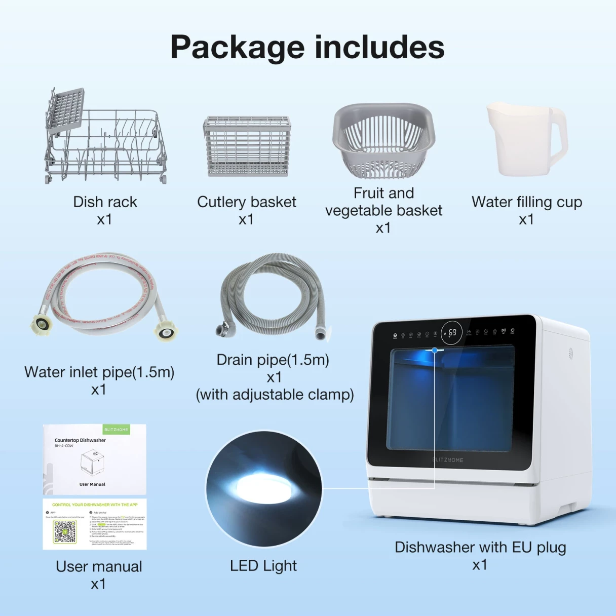 BlitzHome® BH-4-CDW Compact Smart Countertop Dishwasher With 5L Built-in Water Tank APP Control 8 Programs 3D 360° Dual Spray Hot Air Drying Child Lock Self-Clean Water-Saving