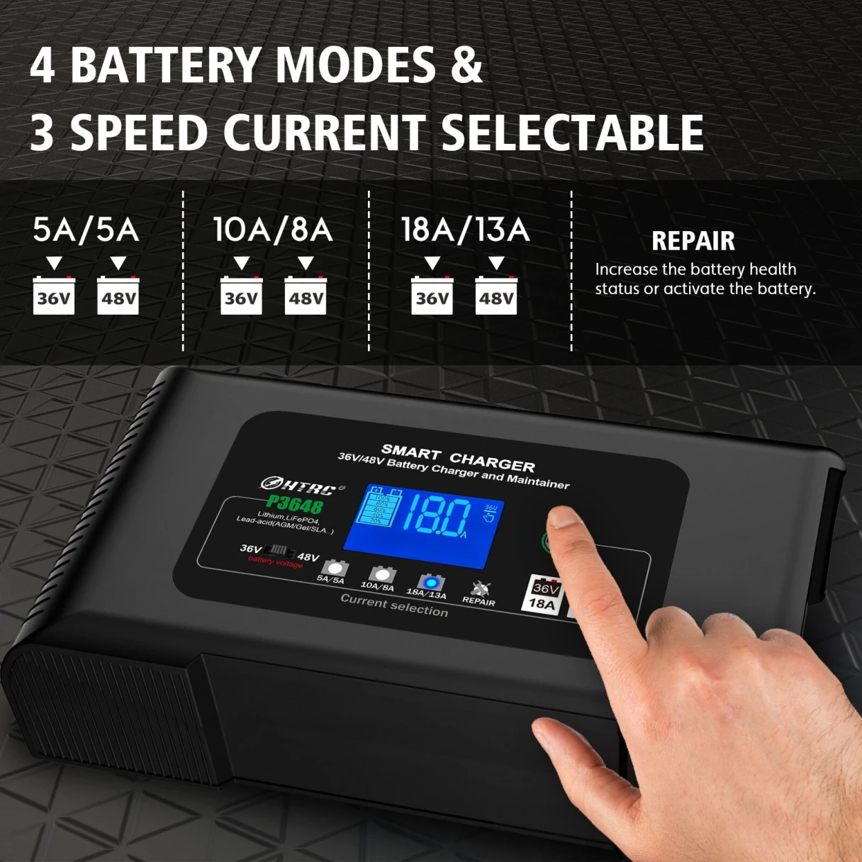 HTRC 36V/18A 48V/13A Car Battery Charger for Golf Cart EZGO TXT Club AGM LiFePO4 PB Lithium Lead Acid Battery Repair EU Plug P3648