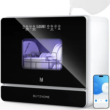 BlitzHome® BH-6-CDW1 Smart Portable Countertop Dishwasher With APP Control 5.2L Built-in Water Tank 9 Programs PTC Hot Air Drying 3D 360° 3 Spray Arms Water-Saving