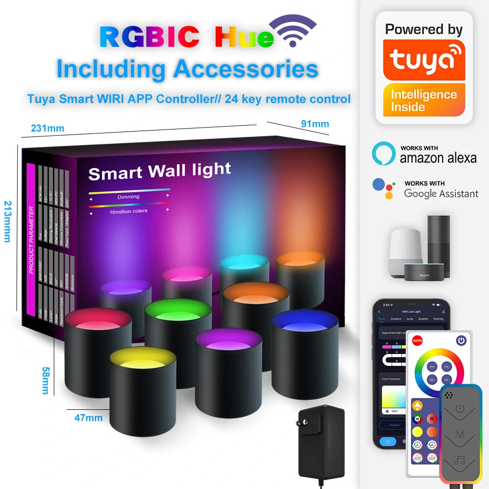 4/6 Pack TUYA WIFI Smart Wall Lamp RGB Music Sync LED Modern Decor Downlight Simple Wall Light Work With Alexa Google Assistant