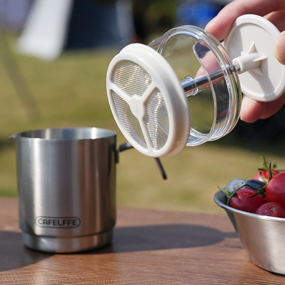 CAFELFFE Portable Manual Milk Frother Cup Stainless Steel Hand Pump Foam Maker Easy Cleaning Travel Use for Latte Cappuccino Coffee