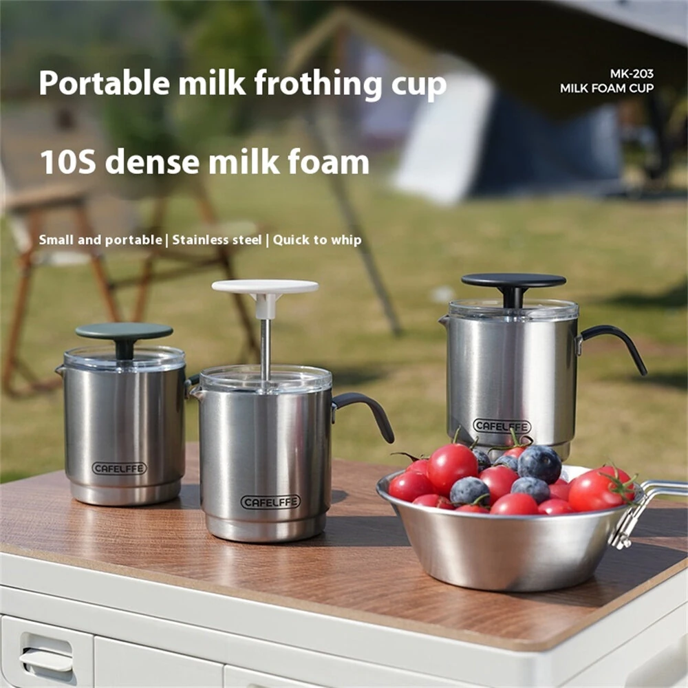 CAFELFFE Portable Manual Milk Frother Cup Stainless Steel Hand Pump Foam Maker Easy Cleaning Travel Use for Latte Cappuccino Coffee