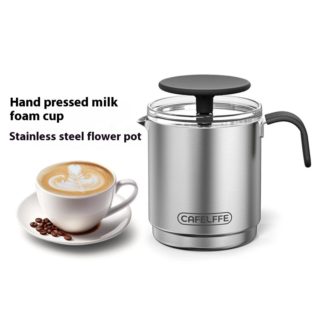 CAFELFFE Portable Manual Milk Frother Cup Stainless Steel Hand Pump Foam Maker Easy Cleaning Travel Use for Latte Cappuccino Coffee