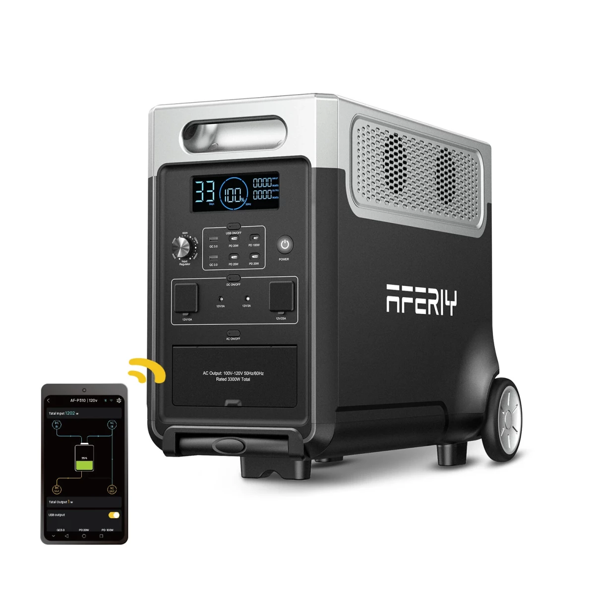 [EU Direct] Aferiy P310-EC-H 3600W 3840Wh Portable Power Station Support APP + 2* 3840Wh P310-EC-S Extension Battery, Expandable To 11520Wh Solar Generator In Series, UPS Pure Sine Wave Fully Recharge in 1.5 Hours Support APP with Rolling Wheels EU Plug