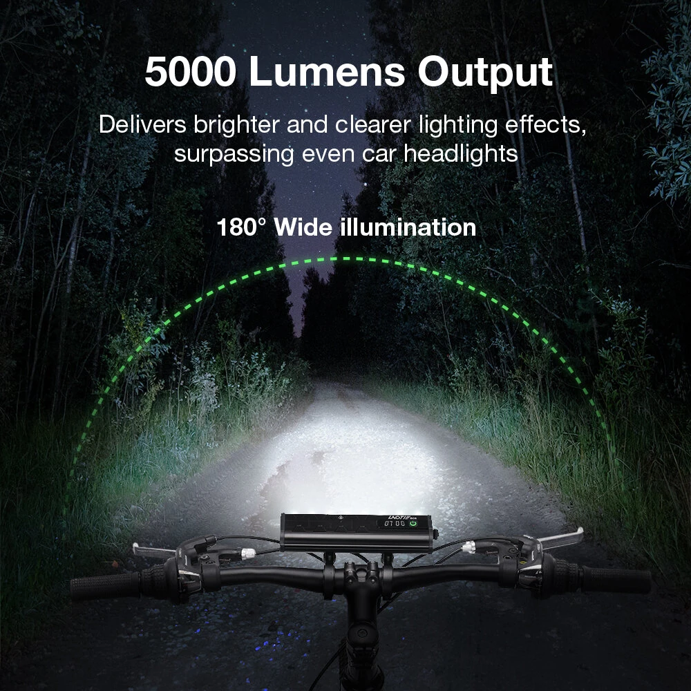 LAOTIE B06 B08 5000Lm Brightness Bike Headlight 8 LED Large Beads Dual Distance Beam Design 10000mAh Battery Phone Emergency Power Bank IPX5 Waterproof 4 Light Modes Fast Charge Bicycle Digital Display Front Light for Electric Bike Scooter MTB Bikes