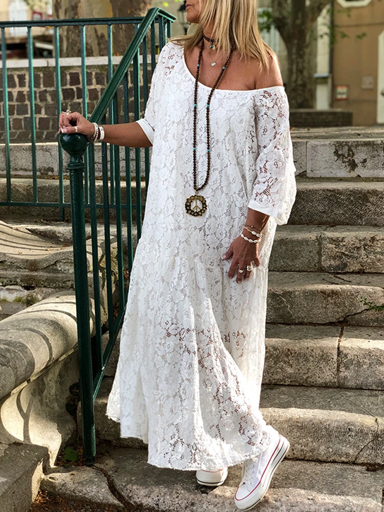 ZANZEA Plus Size Women Lace Long Dress Cold Shoulder Long Lace Croceht Hollow Out Bohemian Maxi Dress For Women