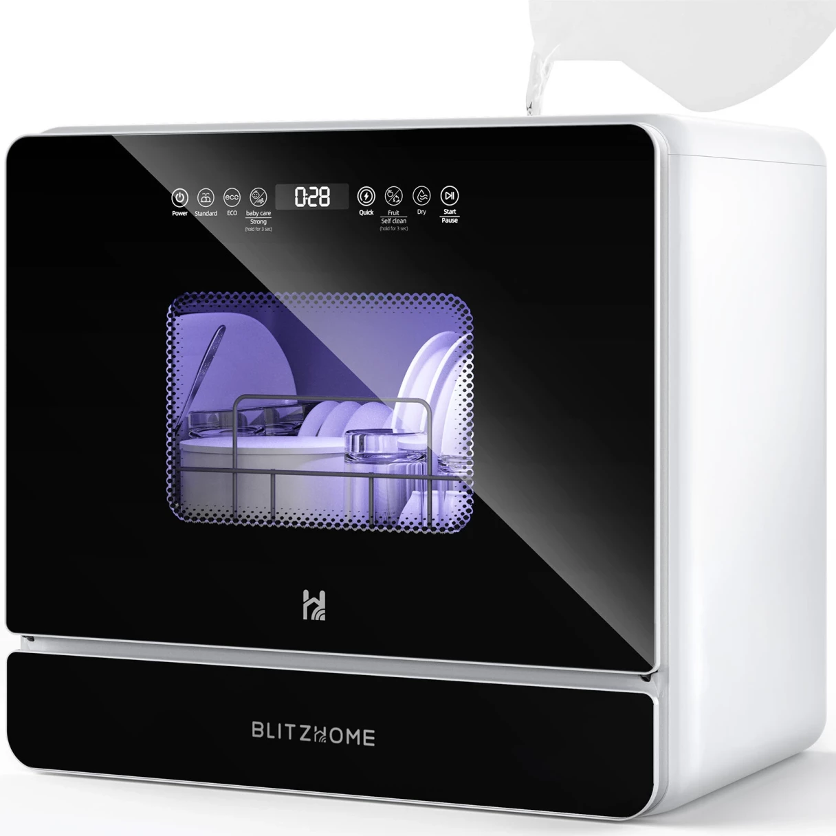 BlitzHome® BH-6-CDW Portable Countertop Dishwasher With 5.2L Built-in Water Tank 9 Programs PTC Hot Air Drying 3D 360° 3 Sprayers Water-Saving