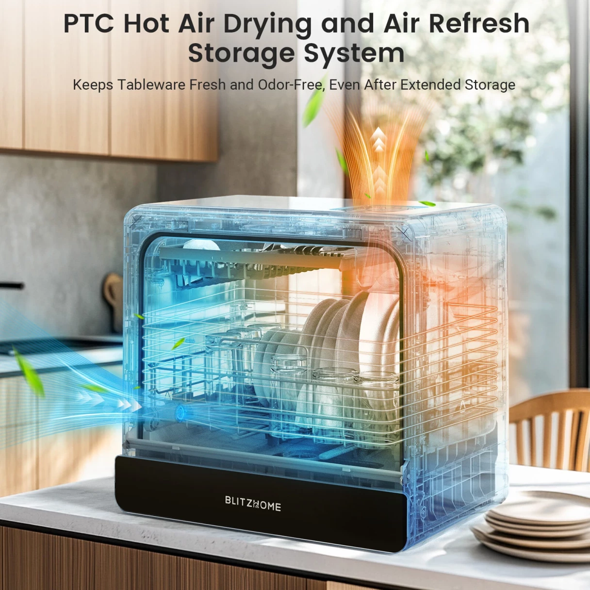 BlitzHome® BH-6-CDW Portable Countertop Dishwasher With 5.2L Built-in Water Tank 9 Programs PTC Hot Air Drying 3D 360° 3 Sprayers Water-Saving