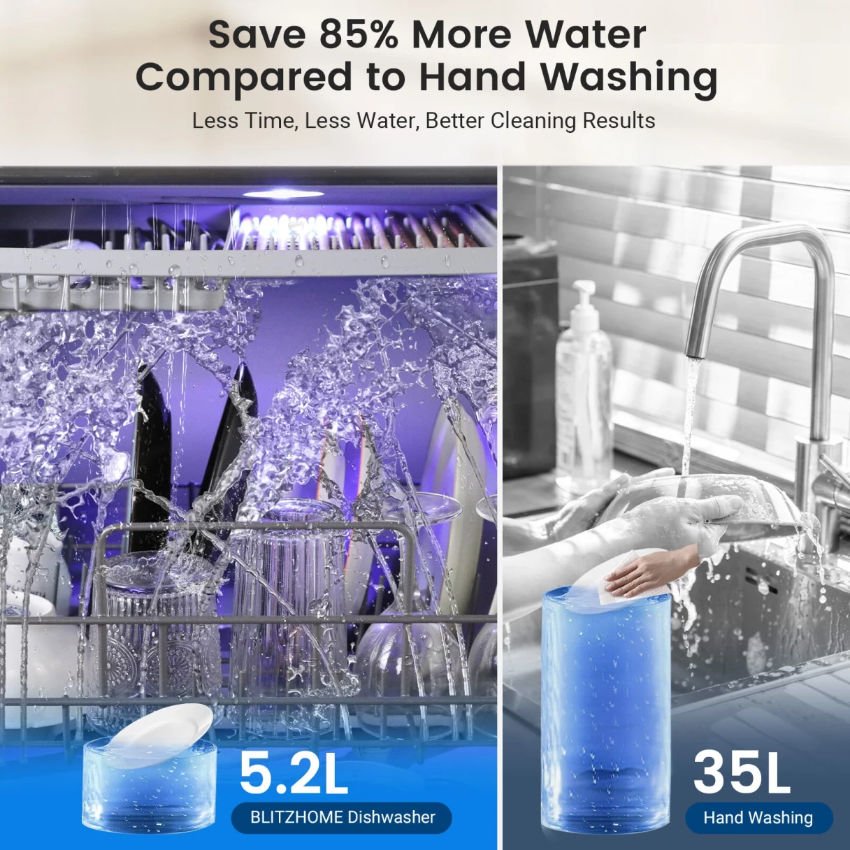 BlitzHome® BH-6-CDW Portable Countertop Dishwasher With 5.2L Built-in Water Tank 9 Programs PTC Hot Air Drying 3D 360° 3 Sprayers Water-Saving