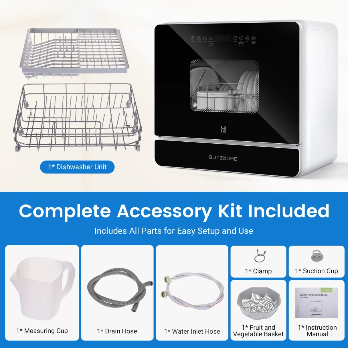 BlitzHome® BH-6-CDW Portable Countertop Dishwasher With 5.2L Built-in Water Tank 9 Programs PTC Hot Air Drying 3D 360° 3 Sprayers Water-Saving