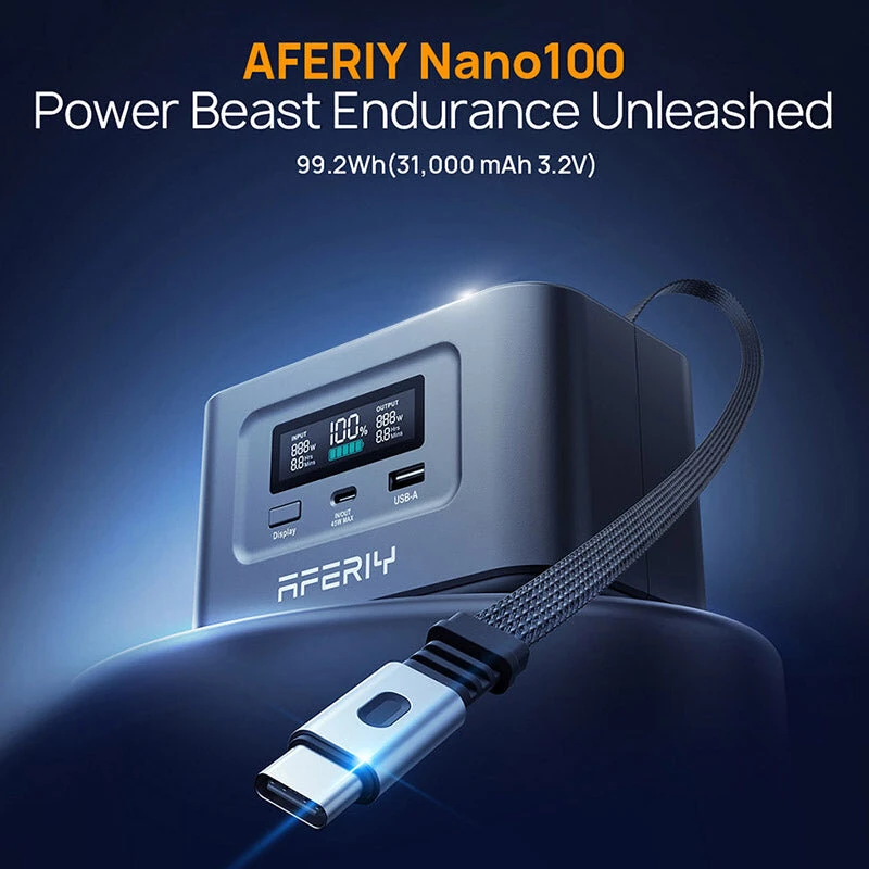 [EU Direct] AFERIY Nano100 Portable Power Station 100W 99.2Wh LiFePO4 Battery Telescopic Type-C Cable, Carry-on Airplane, 1.5h Full Charge Dual Way 100W PD, Solar Generator,TSA Approved Portable Power Bank, 6 Protections for Camping Travel
