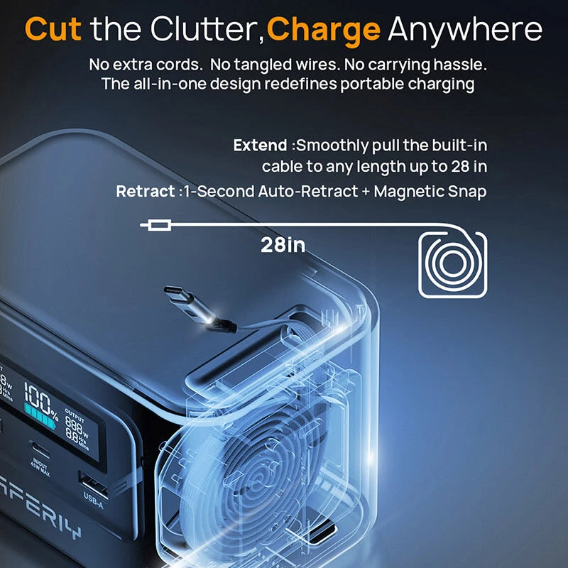 [EU Direct] AFERIY Nano100 Portable Power Station 100W 99.2Wh LiFePO4 Battery Telescopic Type-C Cable, Carry-on Airplane, 1.5h Full Charge Dual Way 100W PD, Solar Generator,TSA Approved Portable Power Bank, 6 Protections for Camping Travel
