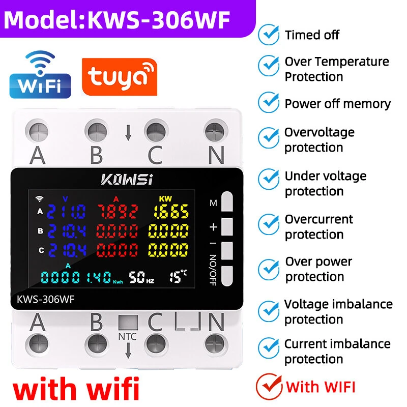 Tuya Wifi Power Energy Meter AC Monitor AC 85-290V 80A 3 Phase 4-wire DIN Rail Over Under Voltage Protector Electricity Meter