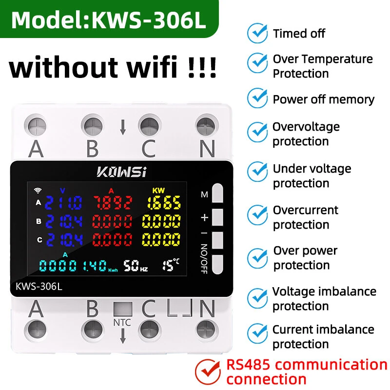 Tuya Wifi Power Energy Meter AC Monitor AC 85-290V 80A 3 Phase 4-wire DIN Rail Over Under Voltage Protector Electricity Meter