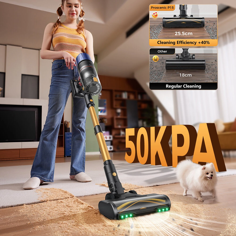 [EU Direct] Proscenic P15 Cordless Stick Vacuum Cleaner, 50kPa 580W Powerful Suction, 70min Runtime, Green Light, HEPA Filter, 6 Layers Filter