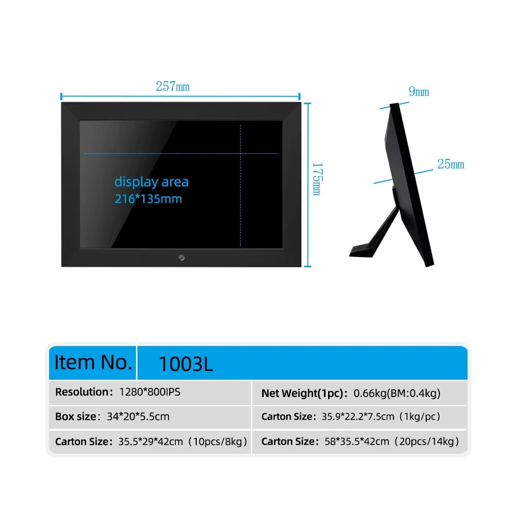 1003L 10" IPS Digital Picture Frame 1280x800 HD Photo Video Player Remote Control Calendar Clock Plug-and-Play SD/USB Wall Mount Home Decor Gift for Family