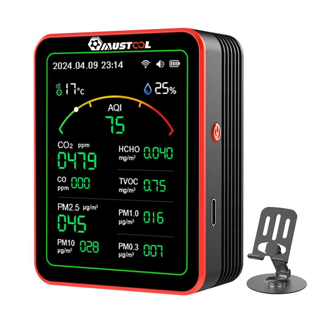 MUSTOOL 15-in-1 Air Quality Monitor Wifi Tuya App 15-in-1 Smart Tester With stand CO2 CO TVOC HCHO PM2.5 PM1.0 PM10 AQI Battery Powered Real-Time Display for Home Office