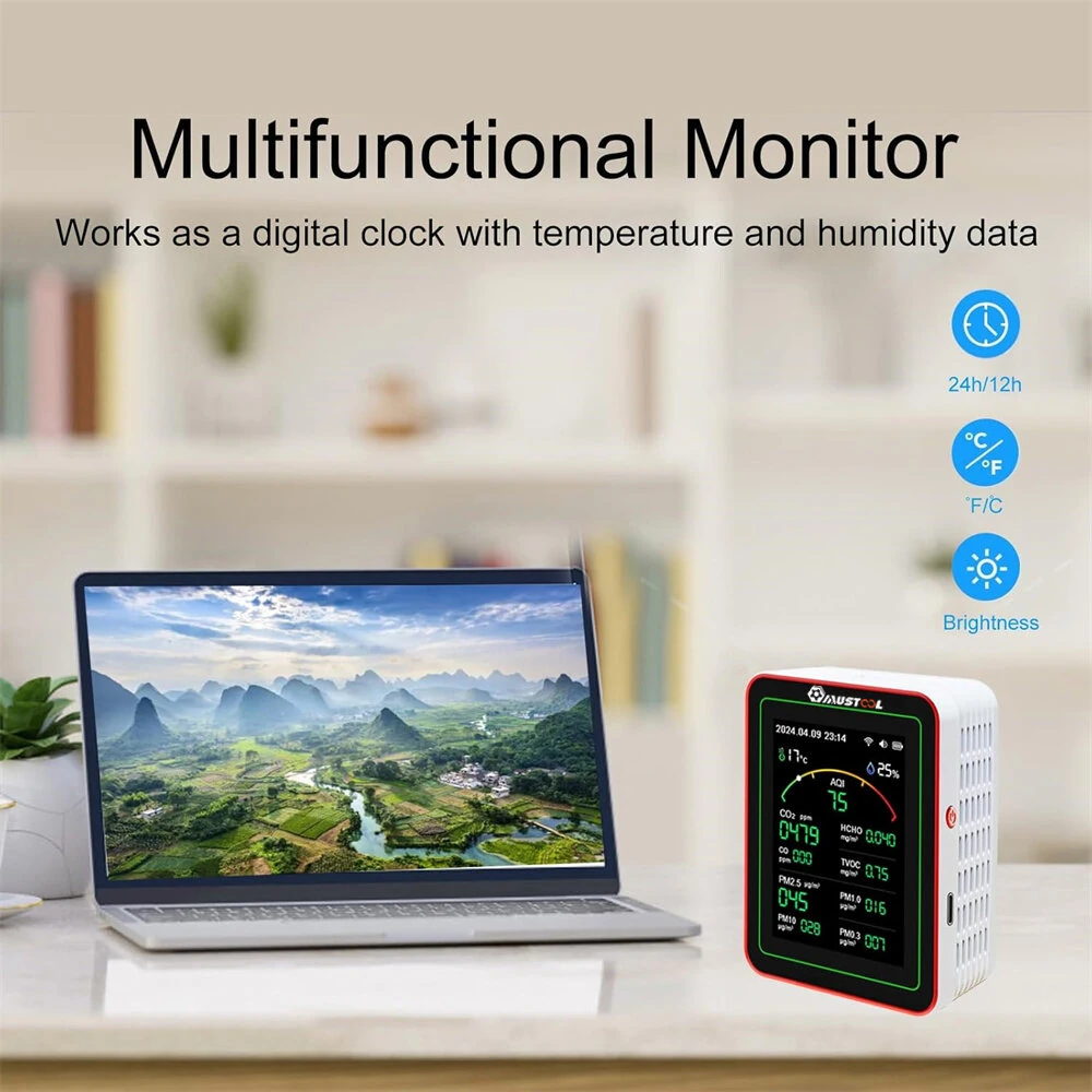 MUSTOOL 15-in-1 Air Quality Monitor Wifi Tuya App 15-in-1 Smart Tester With stand CO2 CO TVOC HCHO PM2.5 PM1.0 PM10 AQI Battery Powered Real-Time Display for Home Office