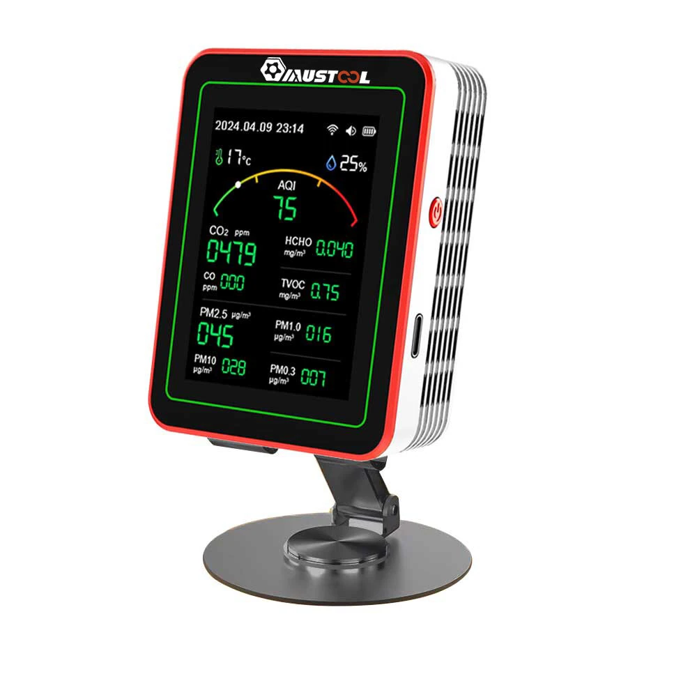 MUSTOOL 15-in-1 Air Quality Monitor Wifi Tuya App 15-in-1 Smart Tester With stand CO2 CO TVOC HCHO PM2.5 PM1.0 PM10 AQI Battery Powered Real-Time Display for Home Office