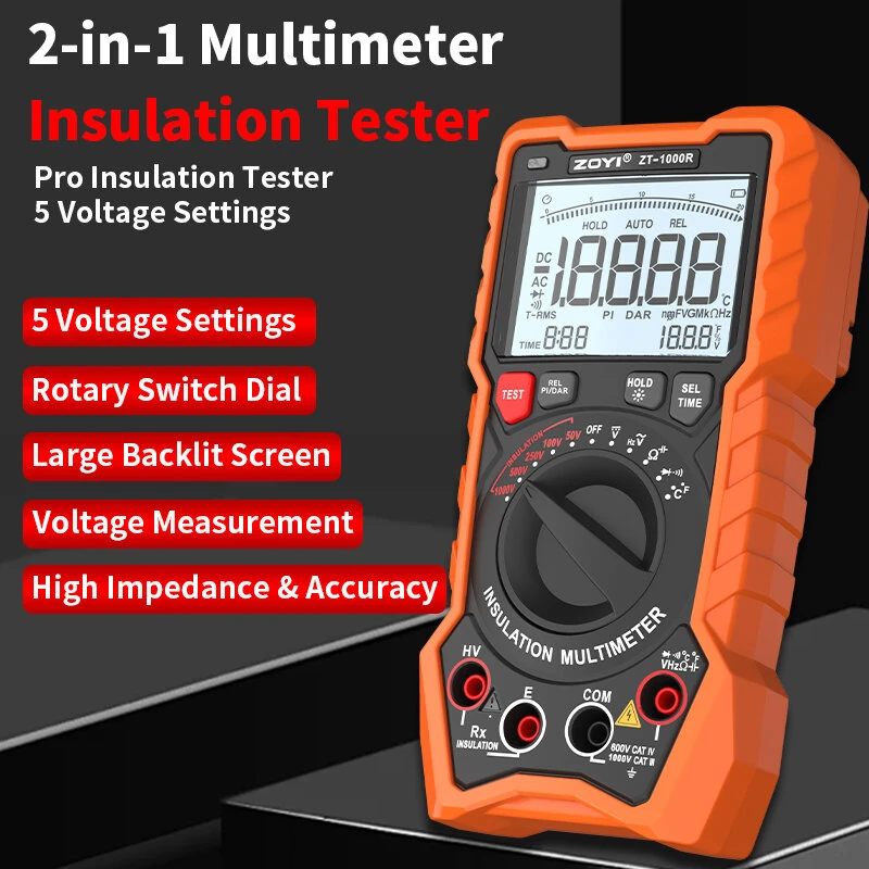 2in1 ZOYI ZT1000R Multimeter Insulation Tester 5 Voltage Settings 1000V AC DC True RMS High Accuracy Backlit Screen Professional Measuring Tool