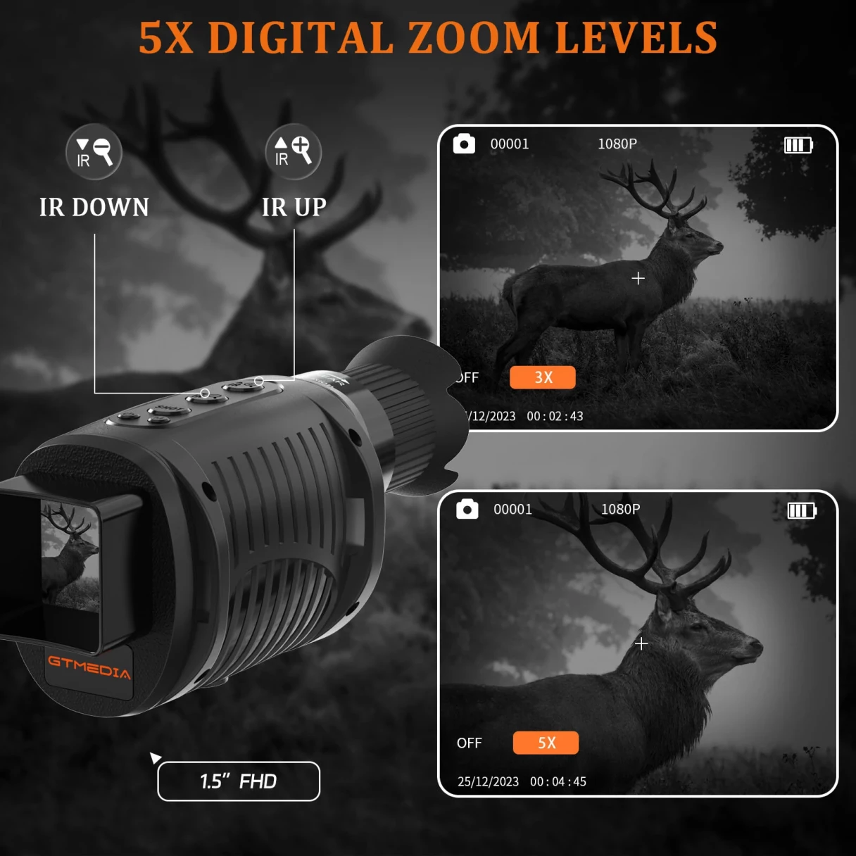 GTMEDIA N1 Digital Night Vision Monocular Day/Night Use 2000mAh Battery 1.5'' TFT Screen 7-Level IR Light 5X Zoom Type-C Charging,32GB Memory Card Black - Ideal for Outdoor Adventures and Wildlife Observation