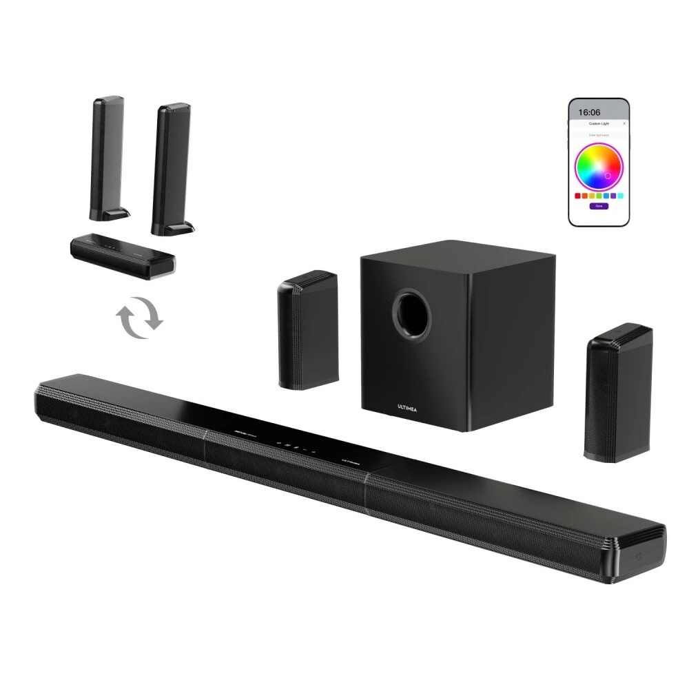 ULTIMEA Apollo S90 Dolby Atmos Soundbar 470W 9.1CH Detachable Surround Sound System with 6.5-Inch Subwoofer 10 Drivers SurroundX BassMX Tech RGB Lighting HD eARC Opt AUX USB Connection Home Theater