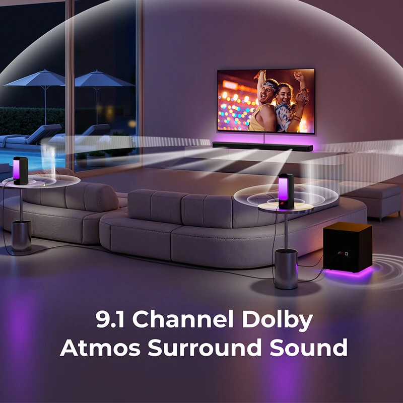 ULTIMEA Apollo S90 Dolby Atmos Soundbar 470W 9.1CH Detachable Surround Sound System with 6.5-Inch Subwoofer 10 Drivers SurroundX BassMX Tech RGB Lighting HD eARC Opt AUX USB Connection Home Theater
