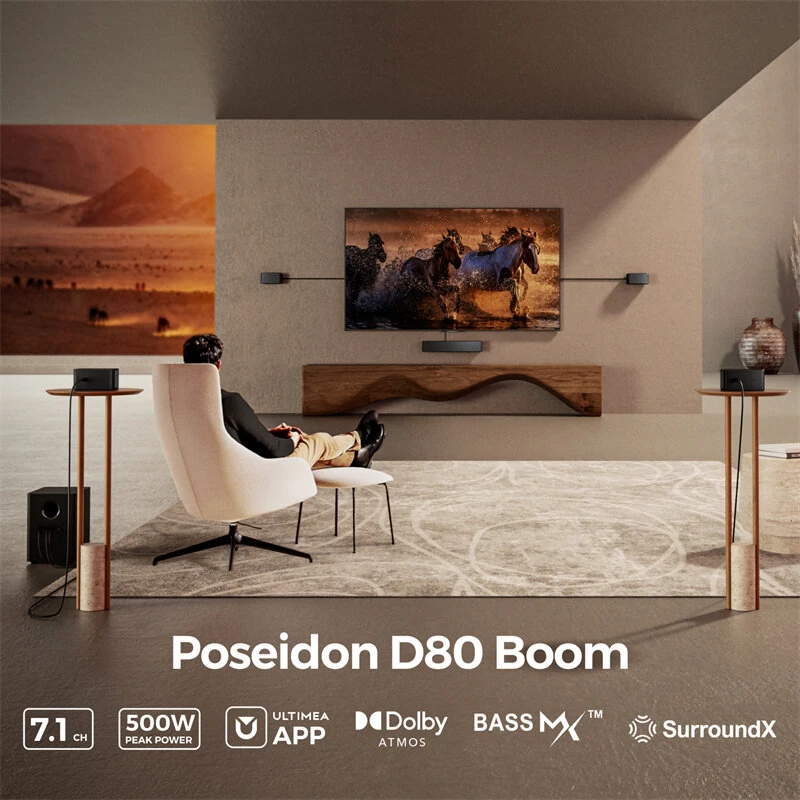 ULTIMEA Poseidon D80 Boom Dolby Atmos Soundbar 500W 7.1CH Soundbar Surround Sound System with 6.5" Wireless Subwoofer 4 Surround Speakers BassMX SurroundX Tech Smart APP Control 4K HDR AUX HD eARC HD Connection Home Theater Speaker Subwoofer
