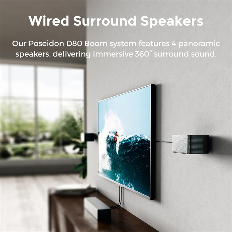ULTIMEA Poseidon D80 Boom Dolby Atmos Soundbar 500W 7.1CH Soundbar Surround Sound System with 6.5" Wireless Subwoofer 4 Surround Speakers BassMX SurroundX Tech Smart APP Control 4K HDR AUX HD eARC HD Connection Home Theater Speaker Subwoofer