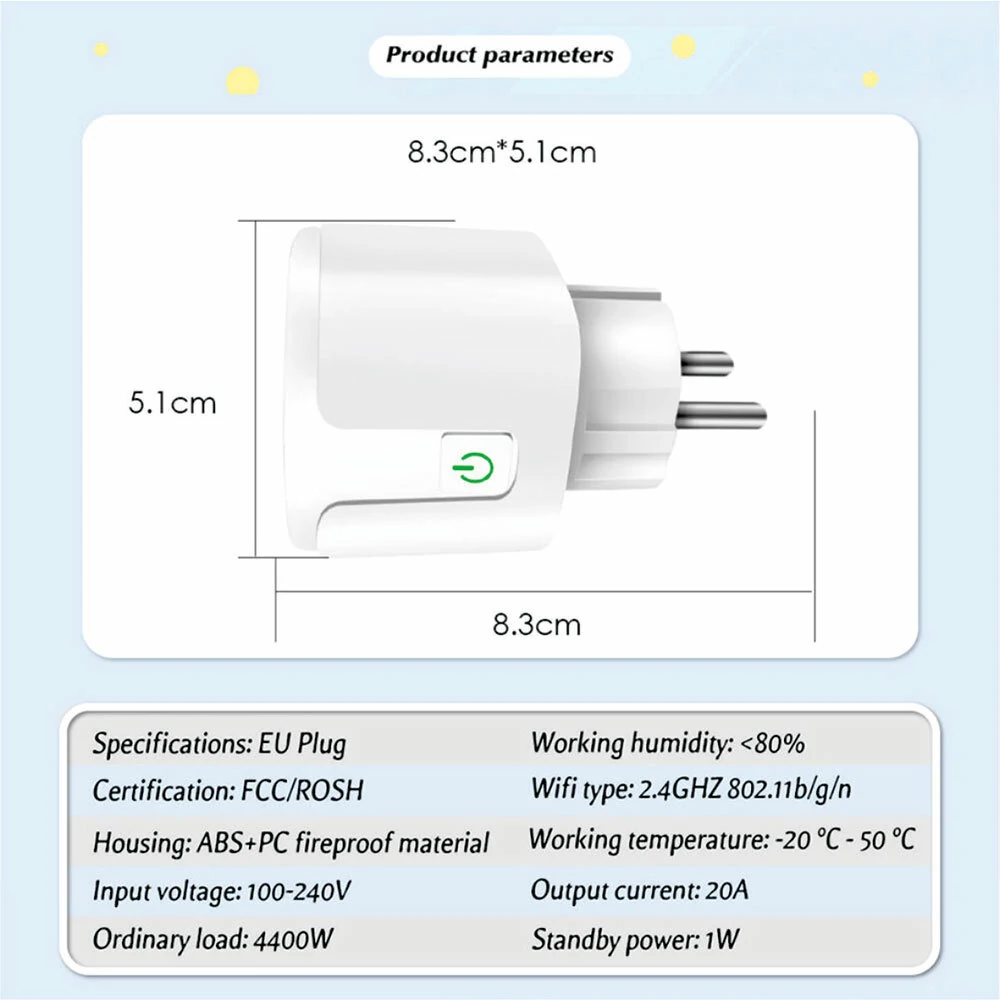 Tuya 16A/20A Smart EU Socket AC100-240V WiFi Smart Plug Power Outlet Voice Control with Alexa Google Home