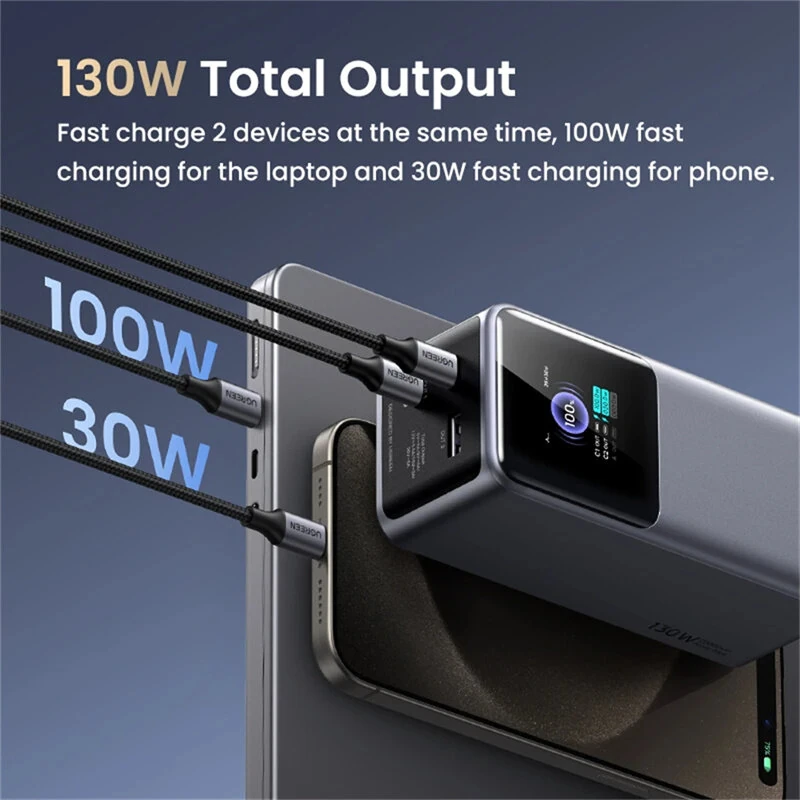 Ugreen Nexode PB721 130W 20000mAh 10000mAh Smart Screen Display Power Bank External Battery Power Supply with 1 Input & 3 Outputs Support PD3.0 Fast Charging for iPhone 16 15 Pro 14 13 Pro Max for Huawei Mate XT for Xiaomi 15pro