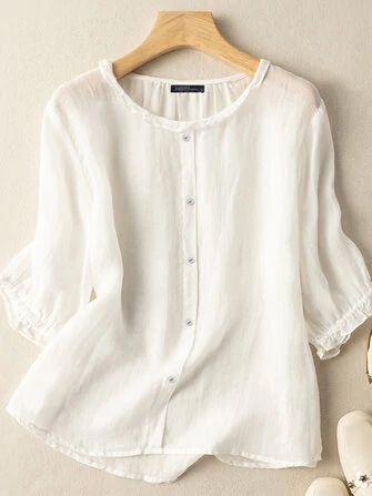 ZANZEA Lettuce Edge Crew Neck Solid Button 3/4 Sleeve Blouse