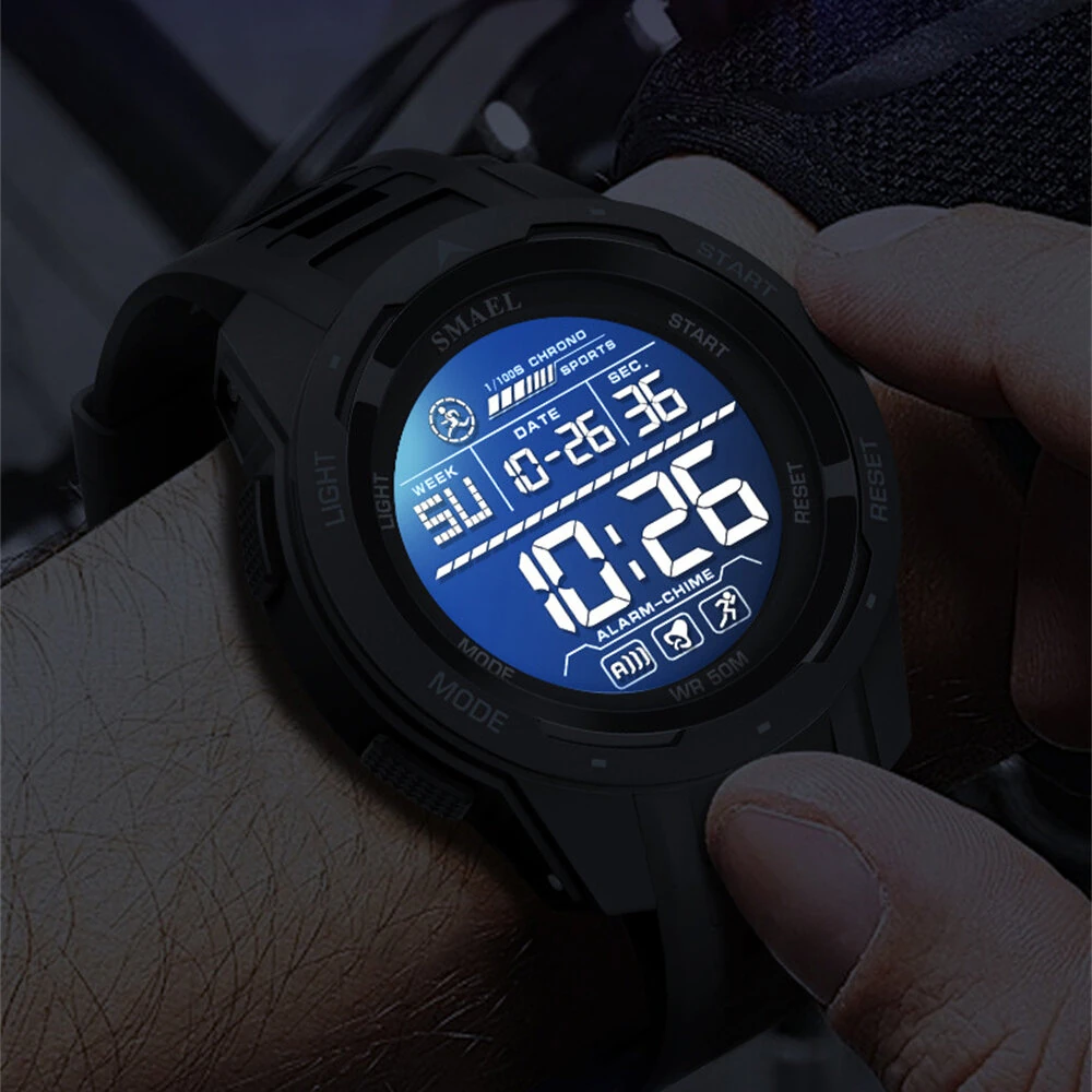 SMAEL Men's Sports LED Luminous Digital Watch Multifunctional Waterproof Comfortable TPU Strap Electronic Watch