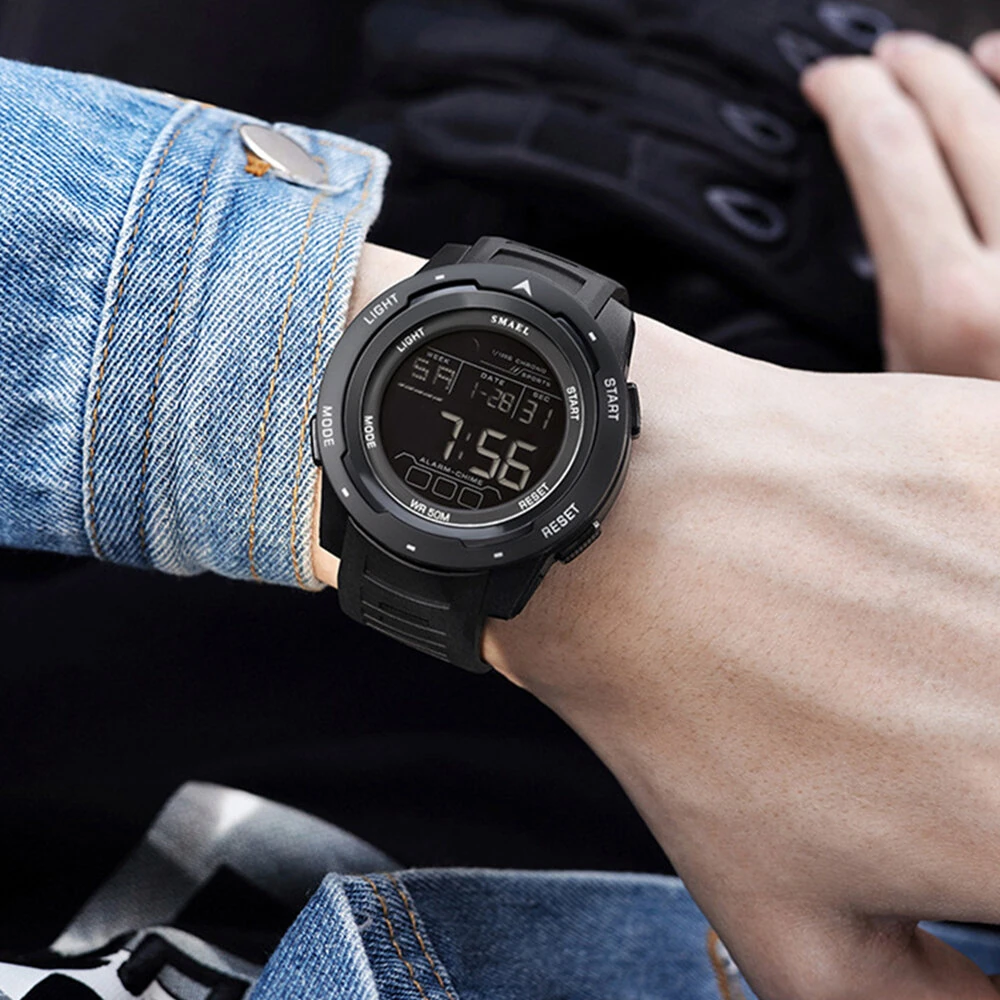 SMAEL Men's Sports LED Luminous Digital Watch Multifunctional Waterproof Comfortable TPU Strap Electronic Watch