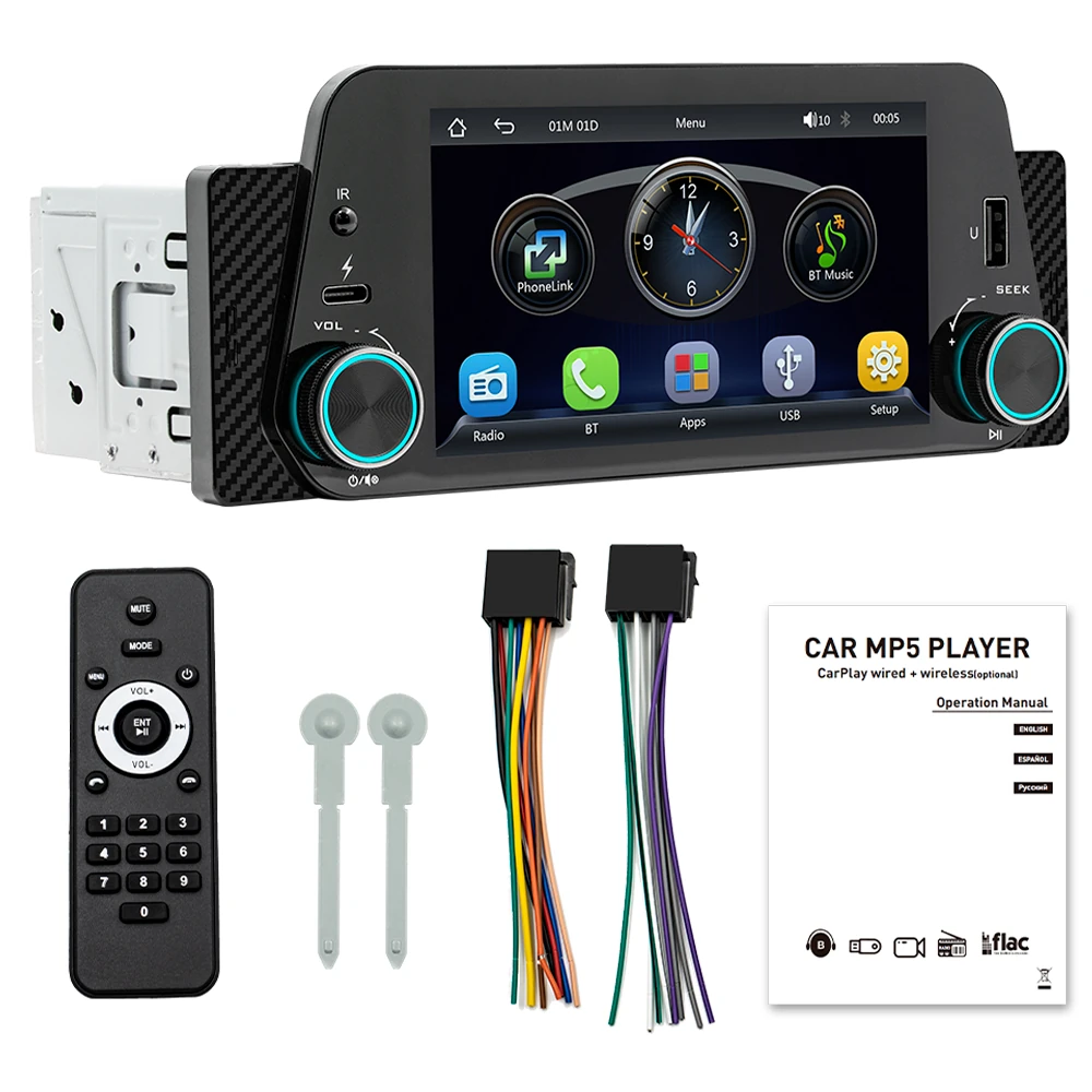 5 Inch Single Din Car Stereo MP5 Player 300PPI Ultra-Clear Touchscreen bluetooth Reverse Interconnection Wireless Apple CarPlay/Android Auto USB Type-C Fast Charge