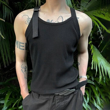 INCERUN Men Adjustable Shoulder Strap Tank Top Summer Knitted Solid Color Sleeveless Mens Vest Daily Male Clothing Tops