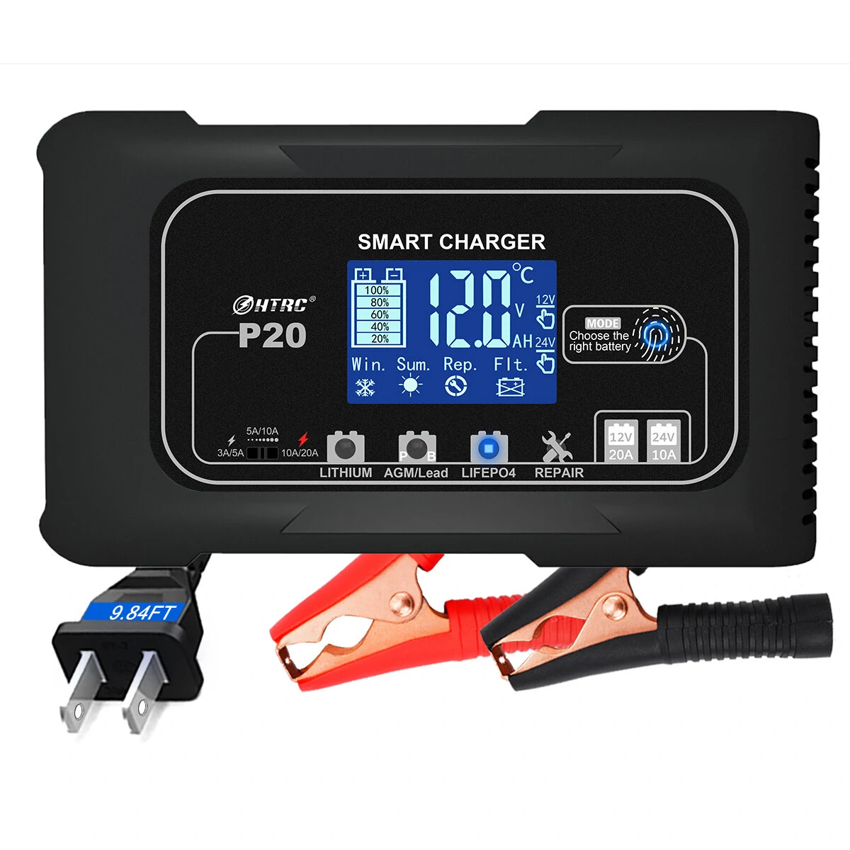 HTRC 20A P20 12V-24V Smart Battery Charger For Car Motorcycle Battery Repair Charging For Auto Moto Lead Acid AGM Lithium LiFePo4 Batteries