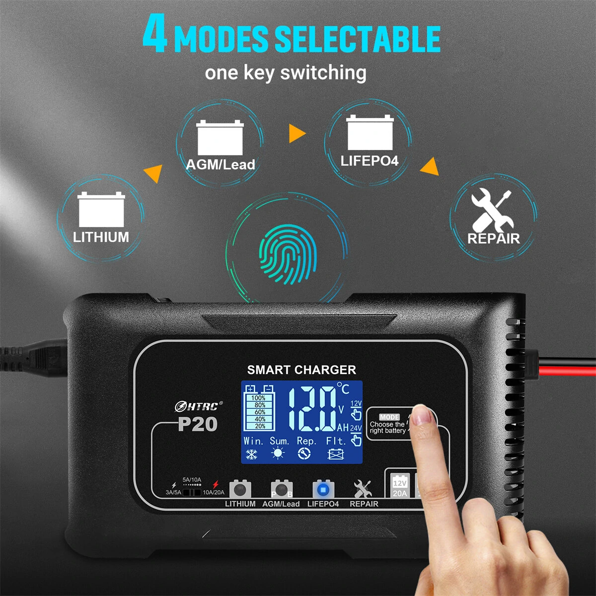 HTRC 20A P20 12V-24V Smart Battery Charger For Car Motorcycle Battery Repair Charging For Auto Moto Lead Acid AGM Lithium LiFePo4 Batteries