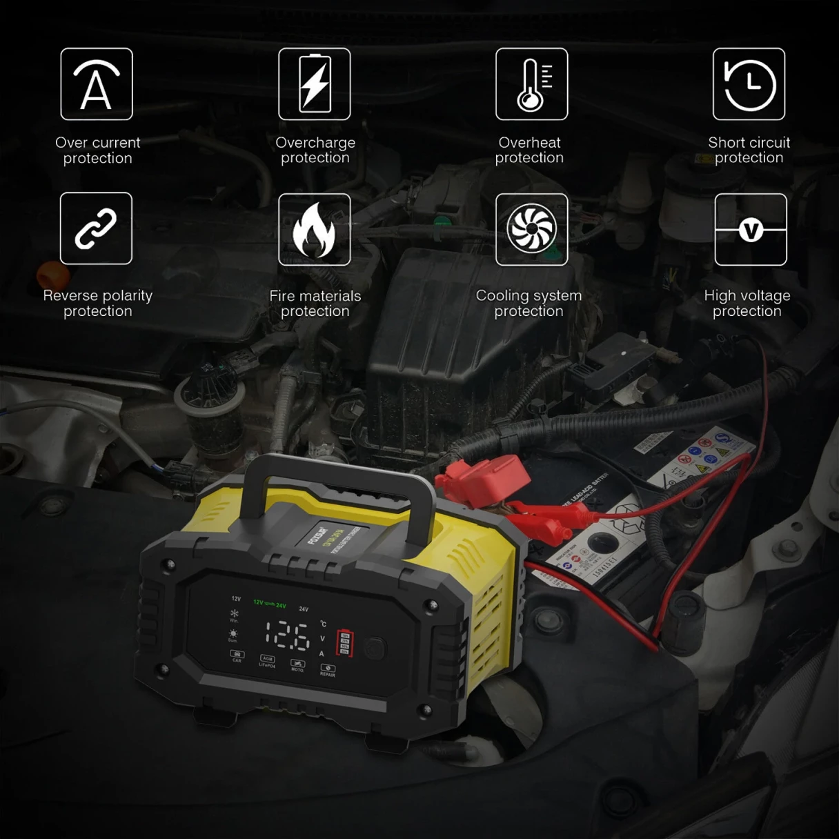 FOXUR 12V 24V 7 Charge Stages Portable Car Motorcycle Battery Charger For Calcium Gel AGM Wet LiFePO4 Lead Acid Battery
